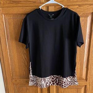 Ann Taylor Black Brown Animal Print Mixed Media Short Sleeve Top M